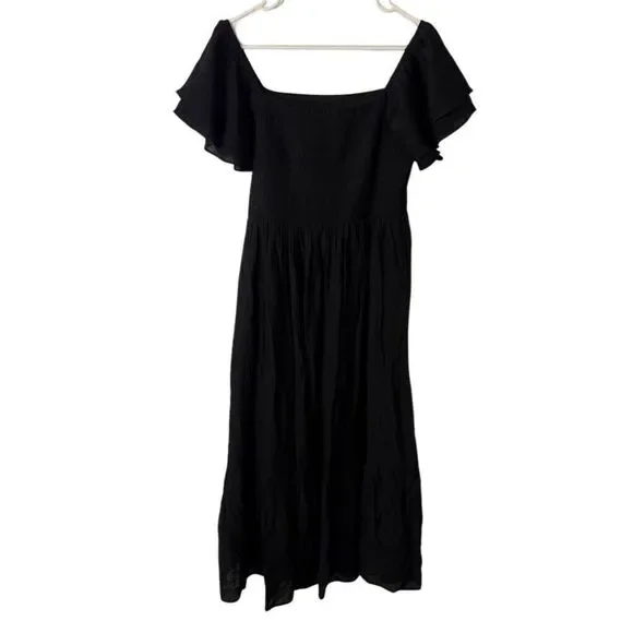 Black Flutter-Sleeve Midi Dress Women's M Chic Elegant Square Neck Casual - Picture 2 of 5